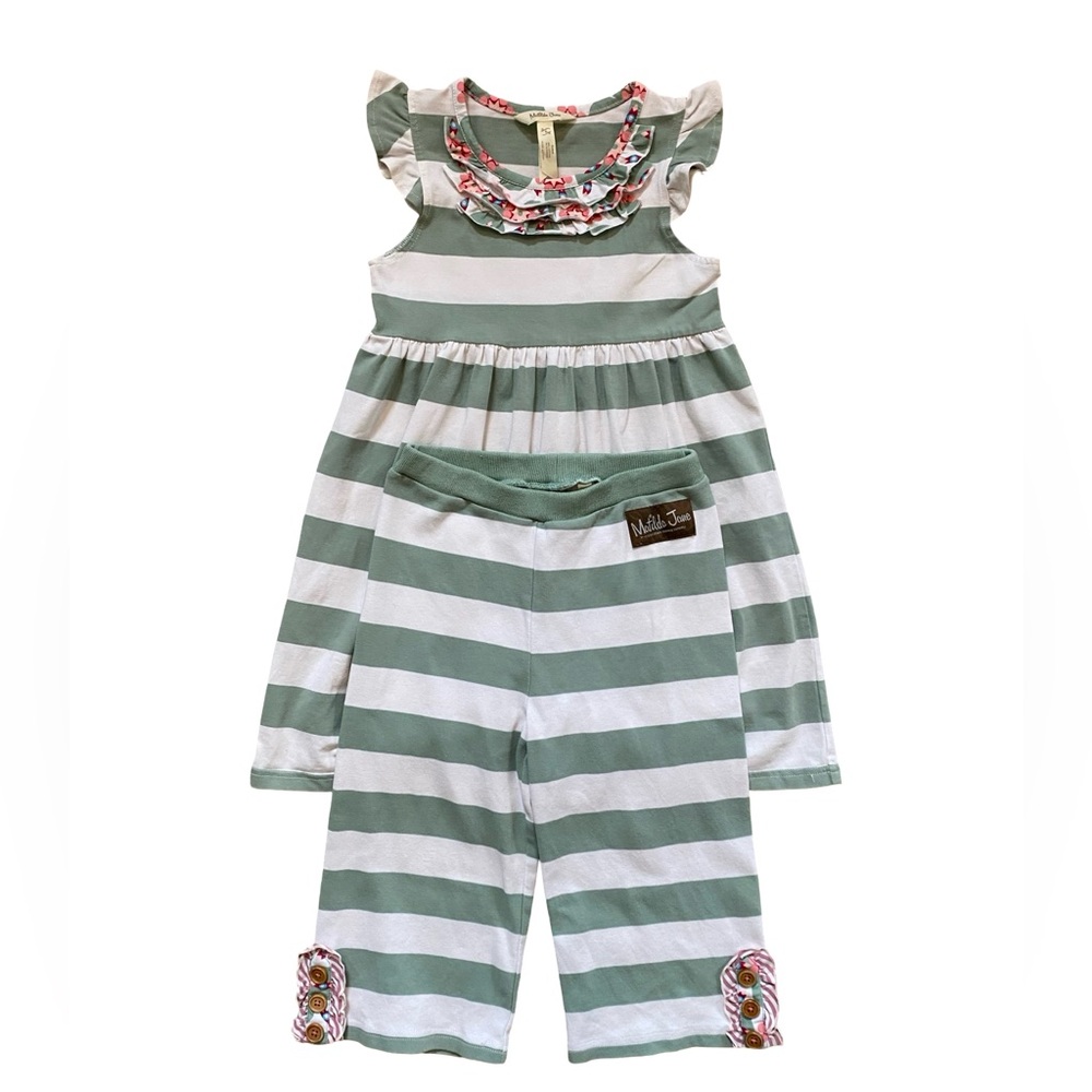 Matilda Jane Green & White Striped Floral Ruffle Dress & Pants Matching Set - 6